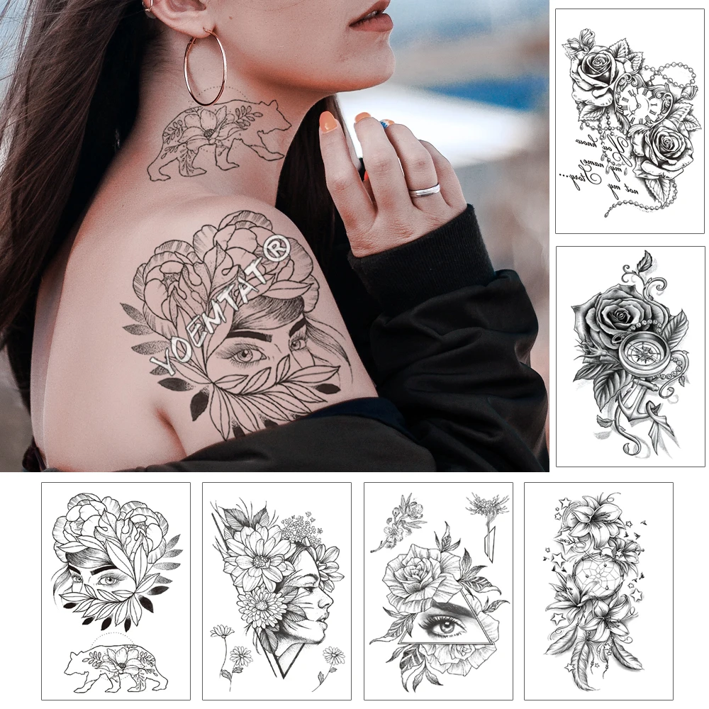 

Girl In The Flower With Rose Cornflower Waterproof Temporary Tattoo Sticker Black Tatto Body Art Big Arm Hand Women Fake Tatoo
