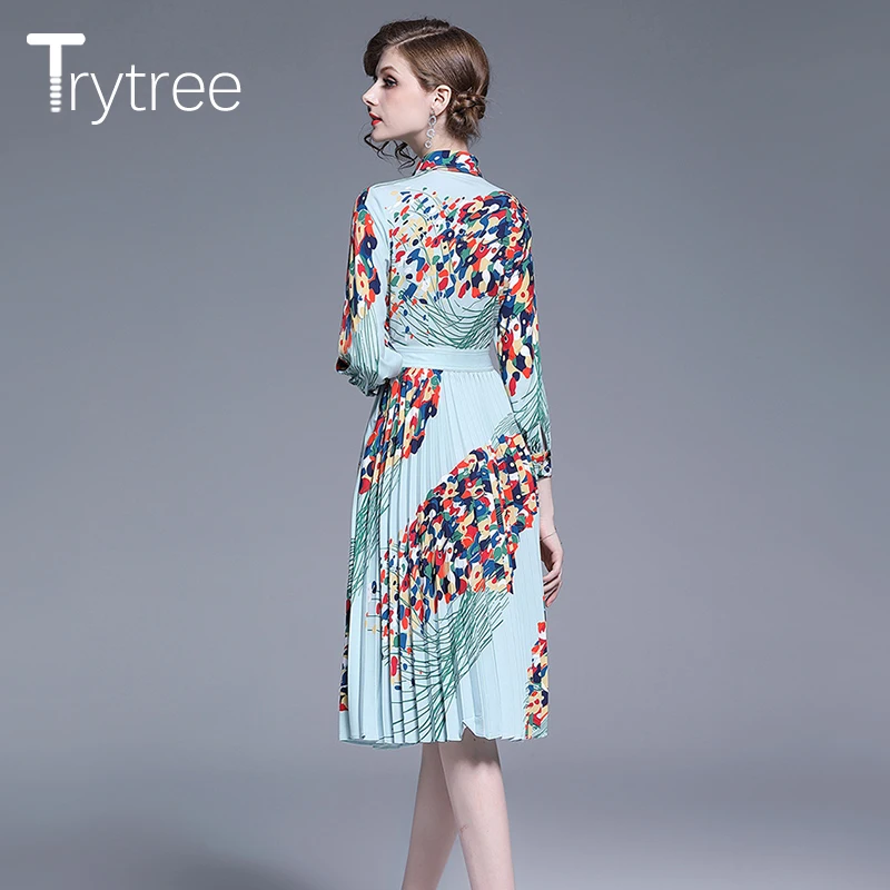 Trytree летнее осеннее платье рубашка с принтом женские платья синее отложным
