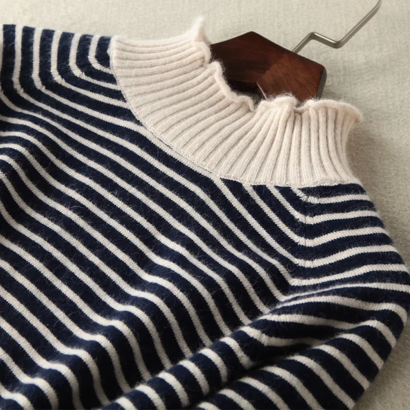 Female Long Striped Cashmere Sweater Women Half Turtleneck Knitted Christmas Sweaters And Pullovers Fashion Tops Warm Jumpers | Женская