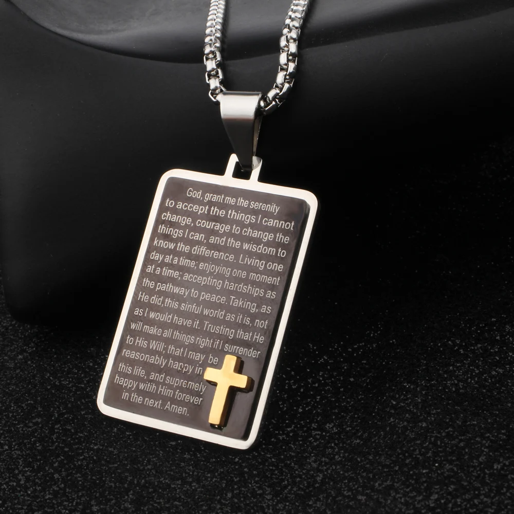 FINE4U N229 Stainless Steel Carving Dog Tag Pendant Necklace Men Box Chains Bible Cross Prayer For Christian Jewelry | Украшения и