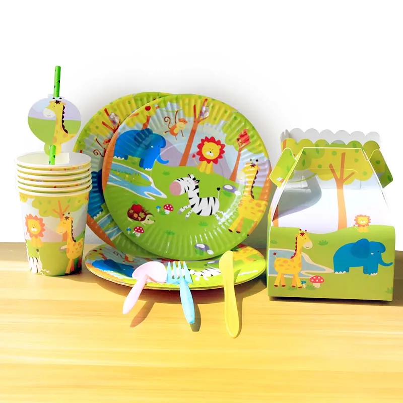 

12Pcs Paper Plate Cup Jungle Safari Boys Birthday Party Deco Lion Giraffe Disposable Tableware Baby Shower Kids Supplies