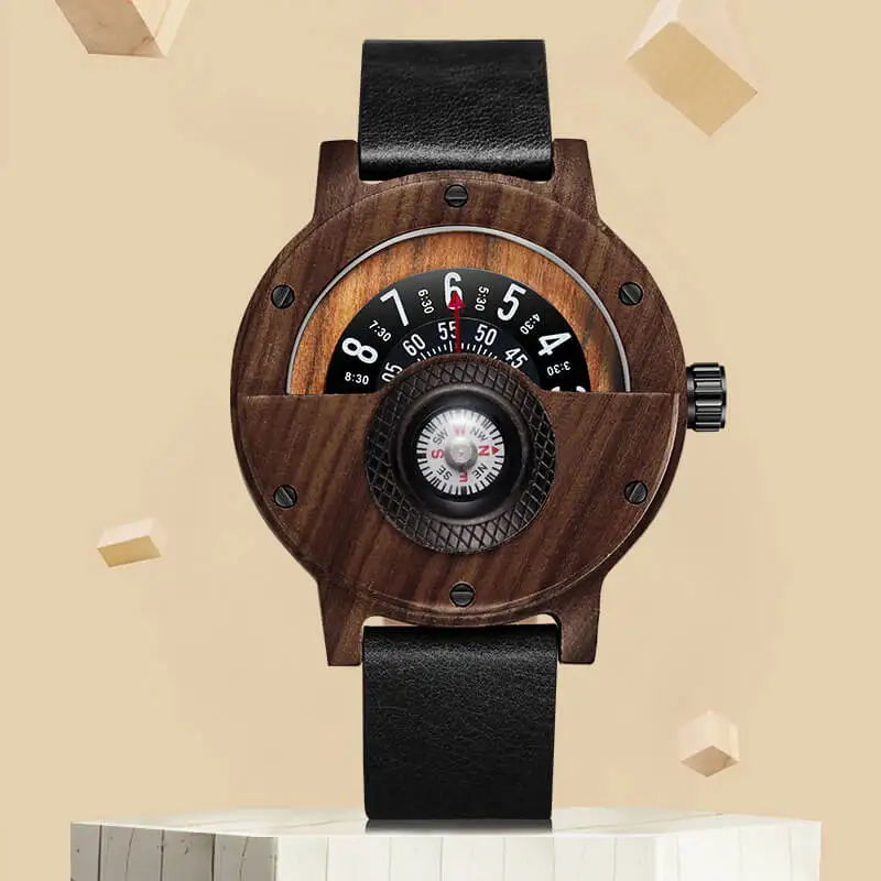 

Creative Compass Wood Watches for Men Casual Quartz Sports Turntable Wristwatches Leather Strap Wooden Watch Clock Gifts relogio