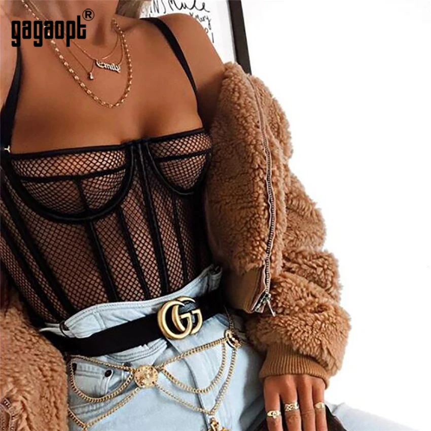 Женское Сетчатое боди Gagaopt черное Клубное в полоску весна 2019|Боди| |