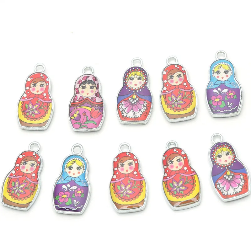 10 шт. Двусторонняя эмаль с оттенком серебра Матрешка Русская кукла