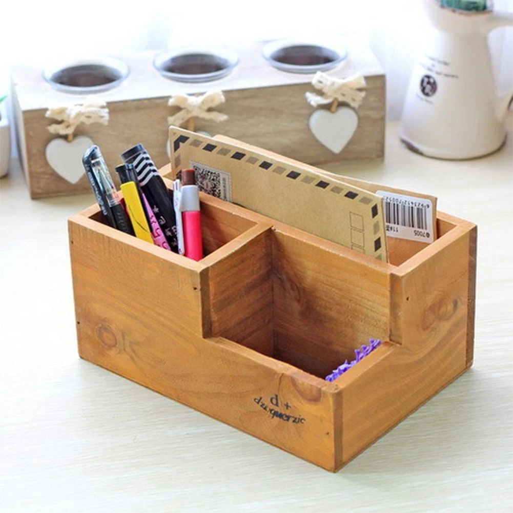 Ретро деревянный полый держатель ручки многофункциональный настольный ящик для