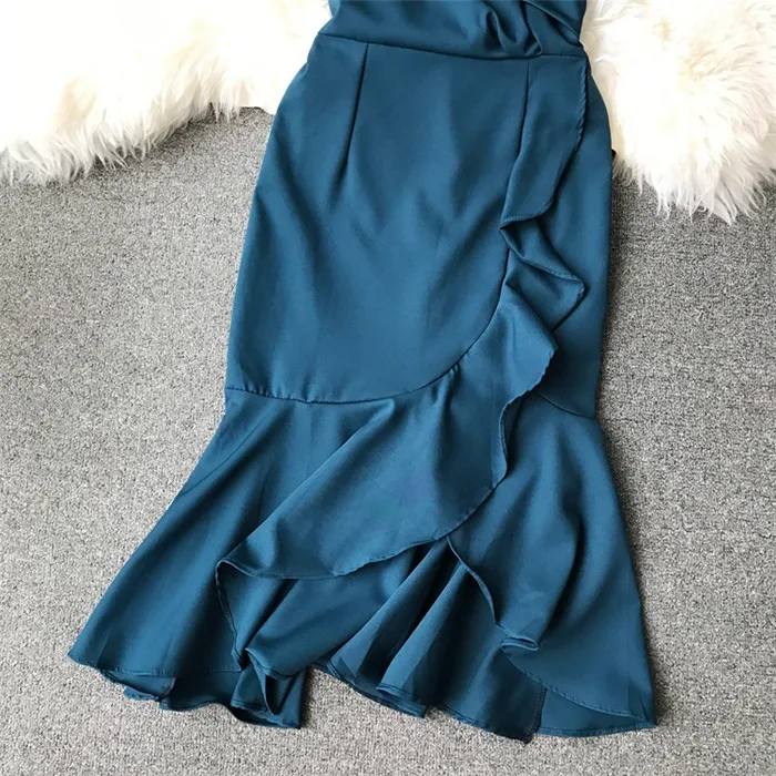 ALPHALMODA Лето Для женщин Slash шеи с оборками Vestidos Твердые Цвет Разделение Раффлед дамы сексуальное платье с русалочкой