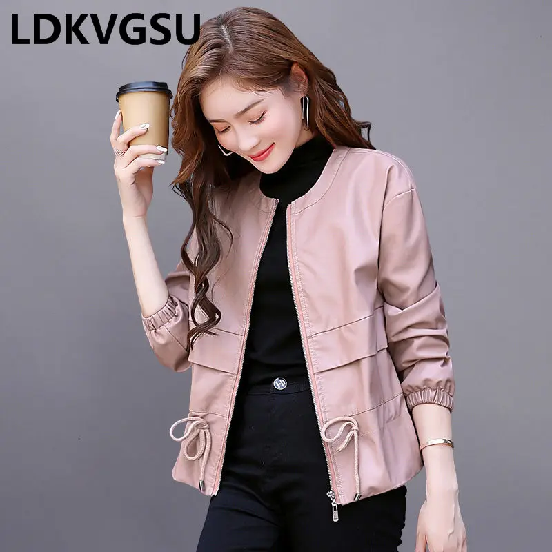 Женская короткая куртка из ПУ кожи с круглым вырезом на молнии|Кожаные куртки| |