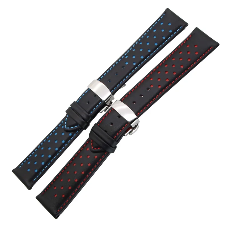 ZLIMSN Soft Genuine Leather Watch Band Strap Replacement Black Blue 20 22mm Men Watchbands 316L Stainless Steel Butterfly Buckle