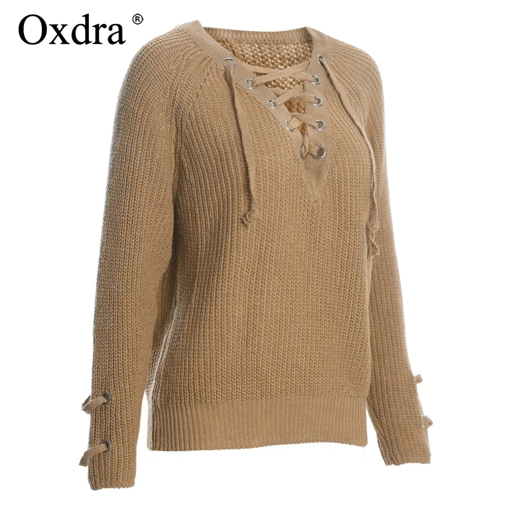 Oxdra 2018 осень-зима Свободные Твердые вязать свитера с v-образным вырезом на