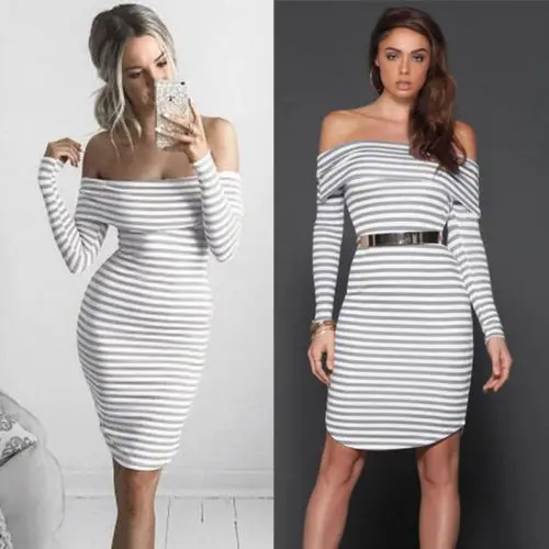 Sexy Women's Bandage Body-con Slash Neck Striped Dresses Long Sleeve Evening Party Short Mini Dress | Женская одежда