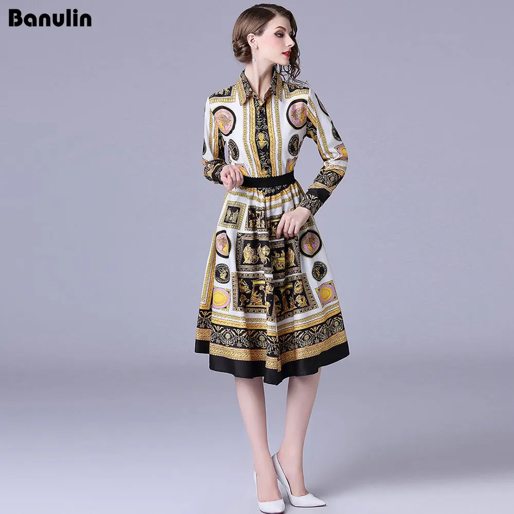 Banulin/винтажное Плиссированное Платье-рубашка с цветочным принтом, Женский Осенний дизайнерский комплект для подиума, высокое качество, Женская мода