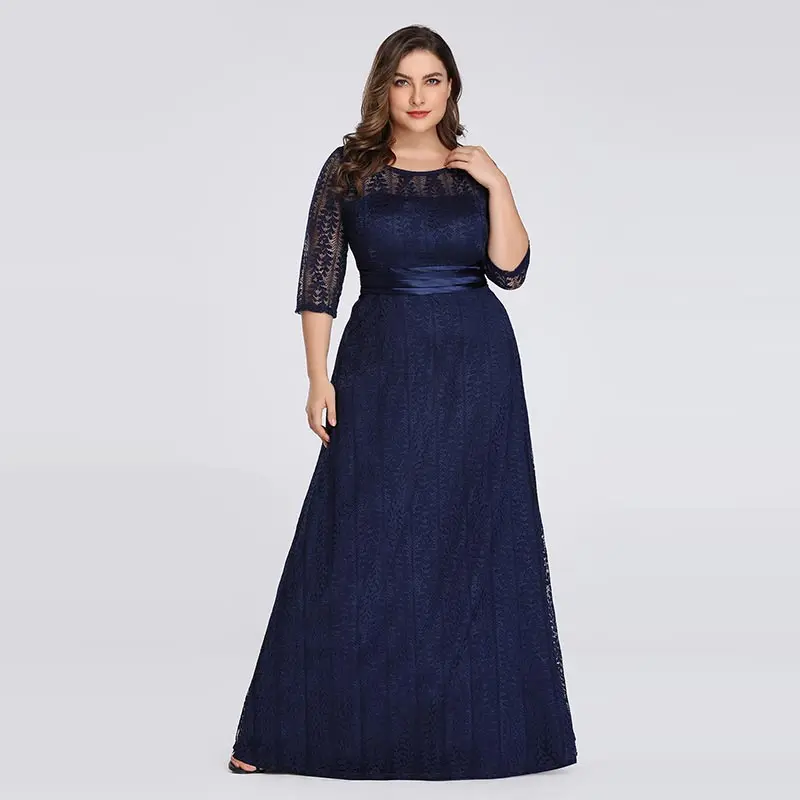 Navy Blue Элегантные вечерние платья размера плюс, длинные,, Ever Pretty, EP08878GY, а-силуэт, кружево, половина рукава, серые вечерние платья для свадьбы - Цвет: Navy Blue