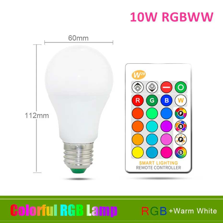 10W RGBWW Цветная(Rgb) Светодиодная лампа E27 5 W 10 W 15 W светодиодный ночник с 24 кнопок пульта дистанционного управления, Управление затемнения красочный красный-зеленый-синий светодиод ламповое дежурное освещение вечерние лампы диско - Испускаемый цвет: 10W RGBWW