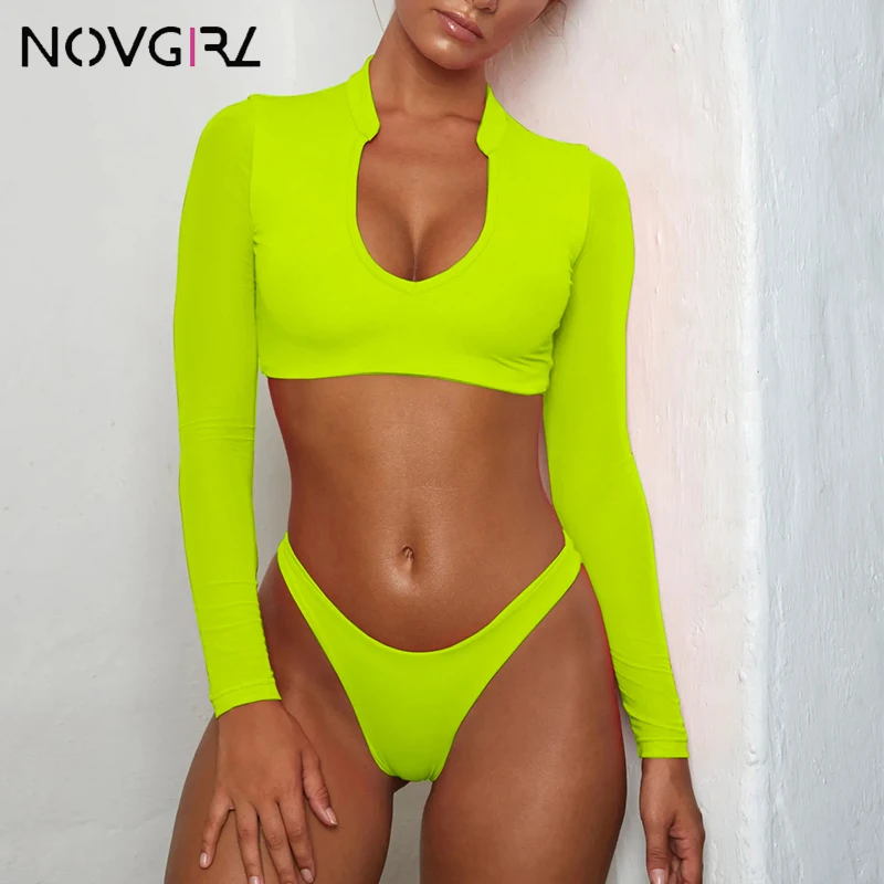 

Novgirl Mesh Patchwork Long Sleeve Brazilian Bikini Sets Women 2019 Summer High Cut White Swimsuit Micro Bikinis Sexy Swimwear
