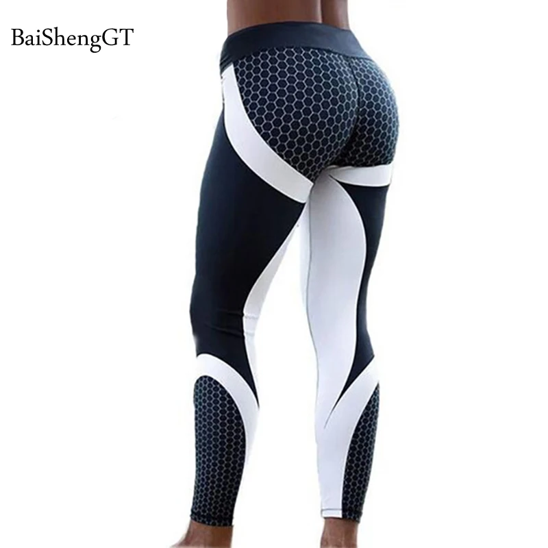 Mesh Print fitness leggings For Women Sporting Workout Leggins Elastic Slim High Waist Hip Push Up Black White Pants | Женская одежда