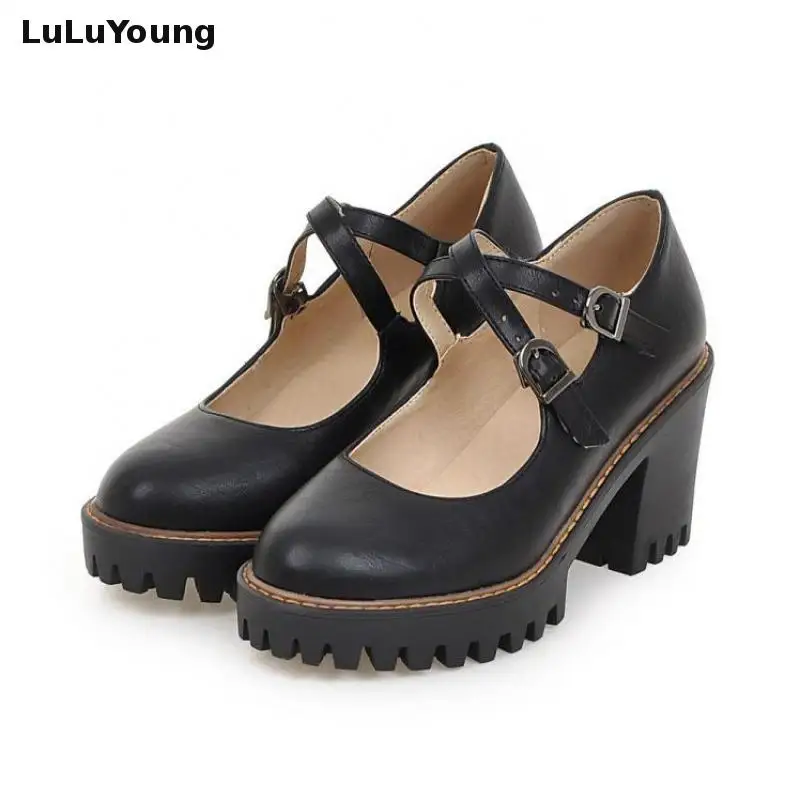 

Lolita Dress Shoes Women Cross Strap Student Black Shoes Cosplay Large Size 43