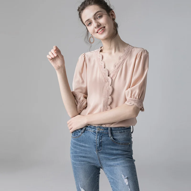 Блузка SuyaDream женская из 100% натурального шелка Офисная кружевная рубашка с V образным вырезом офисная блузка