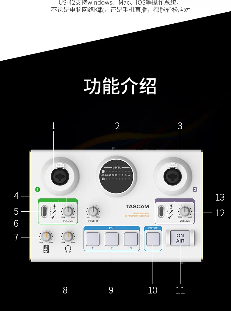 TASCAM US-42 MiNiSTUDIO Creator USB аудио интерфейс звуковая карта для сети караоке запись компьютера прямая трансляция запись