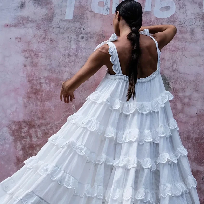 2019 Women's Ruffles Long Dress Solid Color Pure Cotton Cake Loose Pendulum Vacation Pleated Summer Strapless | Женская одежда