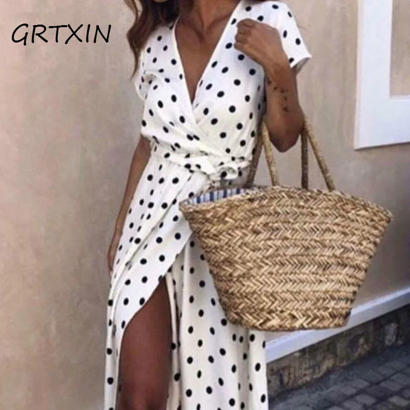 Женское длинное платье в горошек с V образным вырезом и разрезом|Женские платья| |