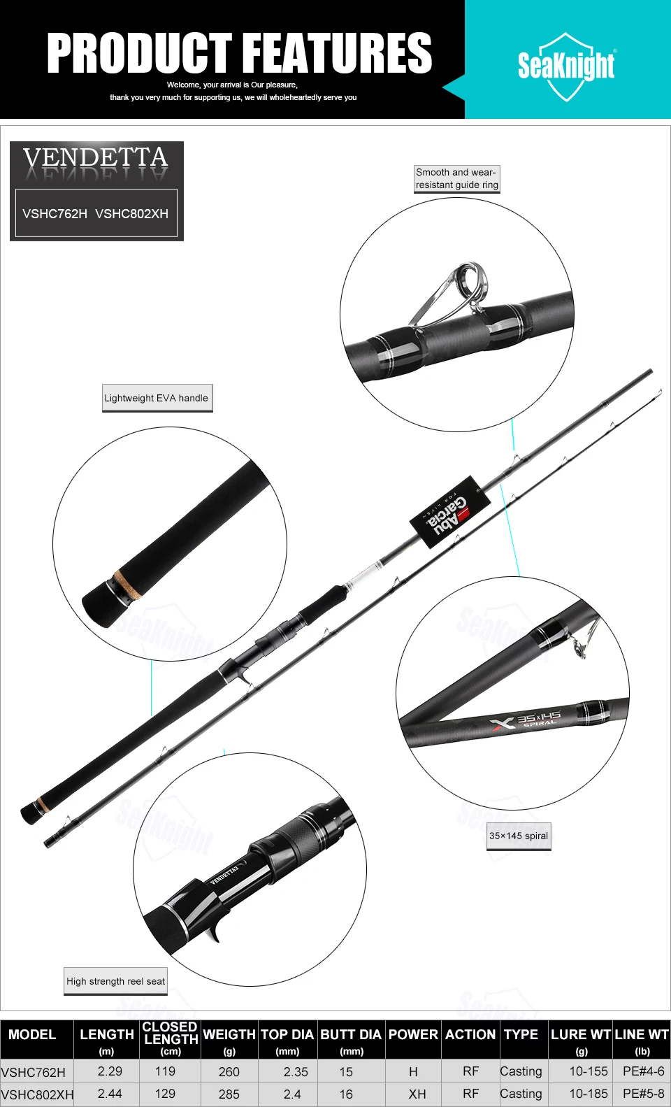 Abu Garcia VENDETTA III VSHC762H VSHC802XH углеродная Удочка 2,29 м/2,44 м литье удилище H/XH мощность Приманка Удочка