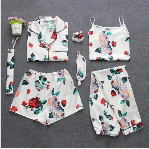 Комплект пижамный женский из 7 предметов Шелковый Атласный набор пижам Пижамы