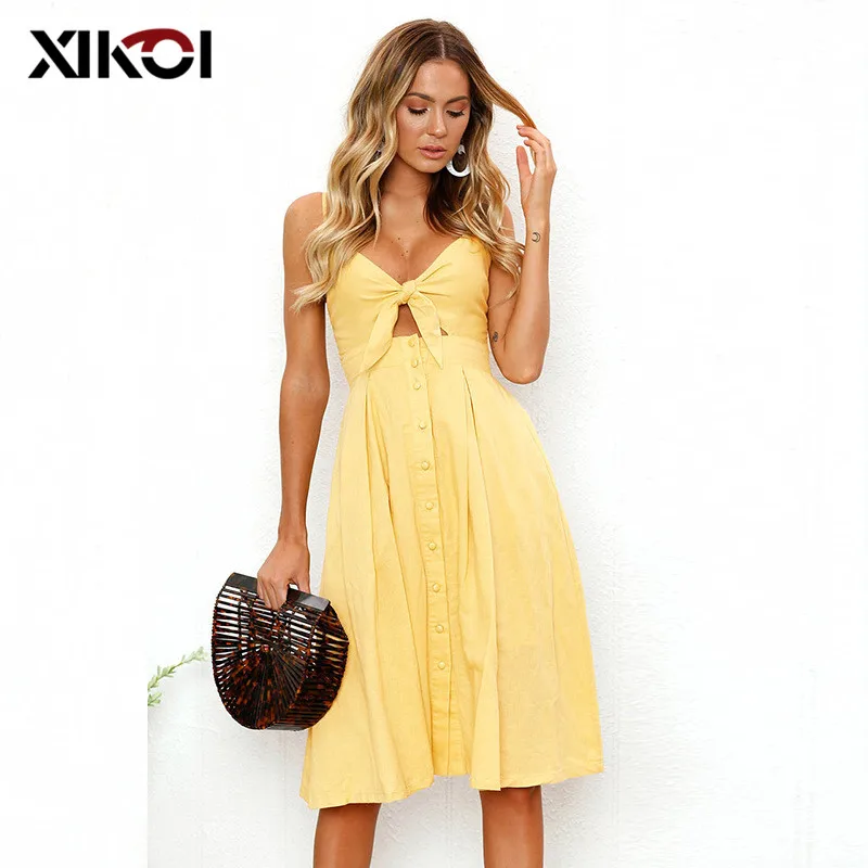 XIKOI Causal Backless Summer Dress Hollow Out Bow Midi Women Female Spaghetti Strap Sundress Print Button 2021 vestidos | Женская одежда