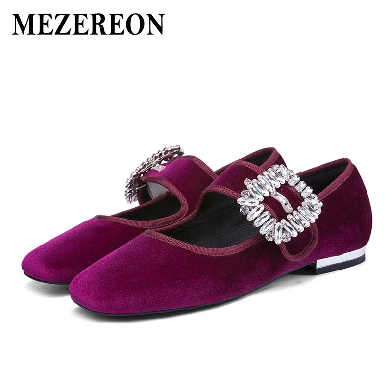 

MEZEREON Flat Shoes Woman Retro Mary Jeans Woman Shoes Flats Ladies Rhinestones Shoes For Women Metal Low Heel EUR Size 44