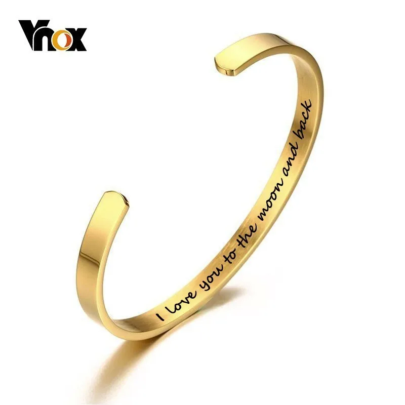 Vnox с надписью «I love you to the moon and back(мама я тебя браслеты манжетного типа Браслеты для Для женщин Для мужчин 6 мм Нержавеющая сталь в едином положении во время занятий легкой атлетикой, влюбленных, друзей подарок - Окраска металла: Золотой цвет