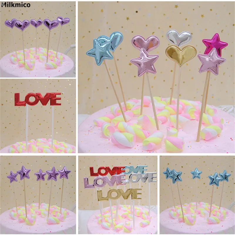 Milkmico Star Heart Cake Topper for Happy Birthday Wedding Party Decoration Cupcake Picks Dessert Decorations Supplies | Дом и сад