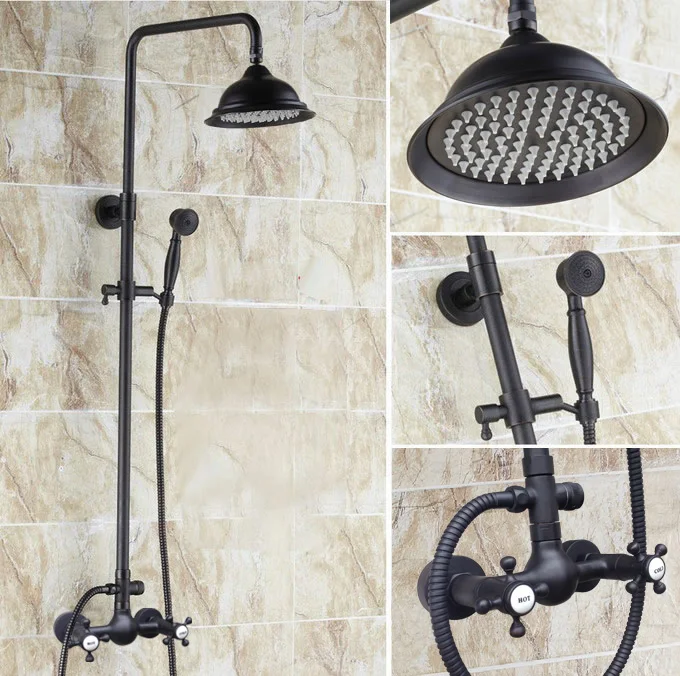 

Black Oil Rubbed Brass Dual Cross Handles Bathroom 8 Inch Round Rain Shower Faucet Set Bath Mixer Tap Hand Shower mrs492
