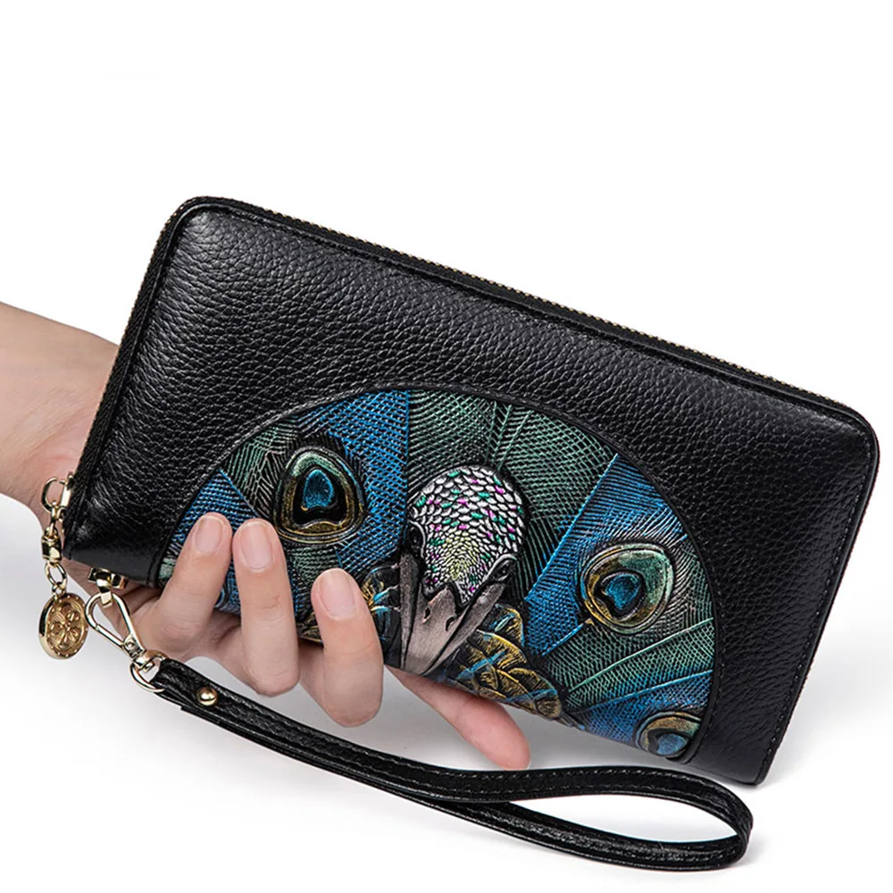 Женские кошельки Дамский кошелек из натуральной кожи с принтом павлиньих перьев