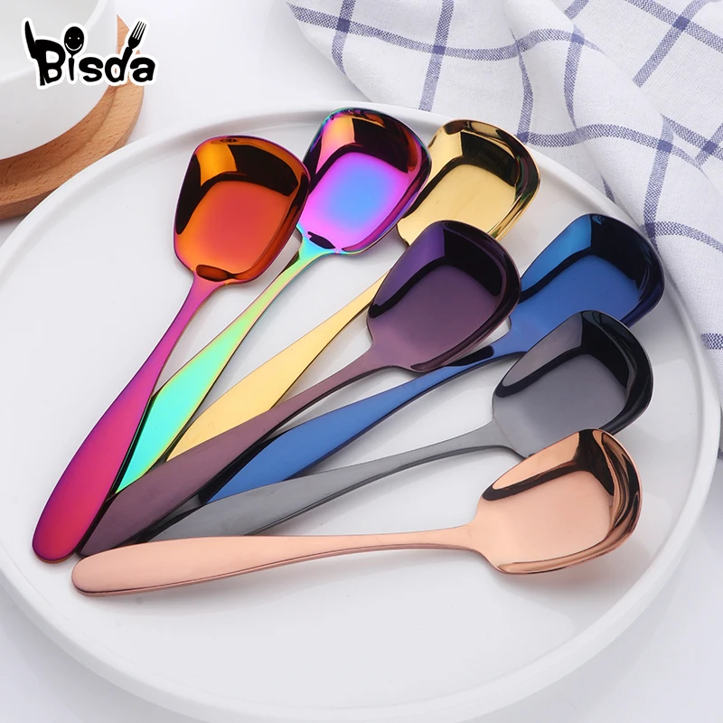 

Plat bottom Spoon Stainless Steel Square Dinner spoons Rice Dinnerware Child Long Handle Drink Spoon for Ice Cream Dessert Salad