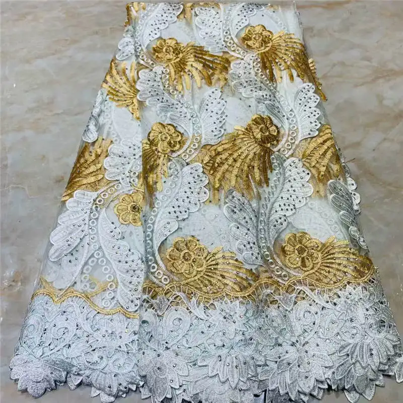 

Fashion Designs African Tulle Lace Fabric High Quality Embroidery With beads Guipure Lace For Women Wedding Dress! ZQJF6233