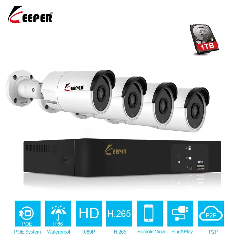 Хранитель H.265 4CH 2MP POE NVR CCTV Системы 4 шт. открытый Водонепроницаемый IP Камера P2P