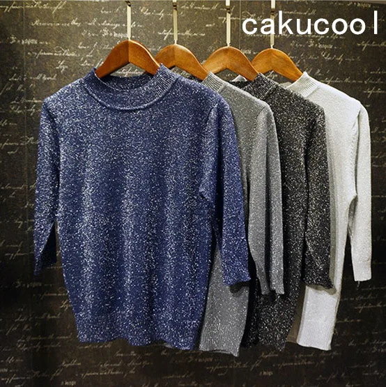 Cakucool для женщин Серебряный нитки футболка платье с рукавом три четверти и