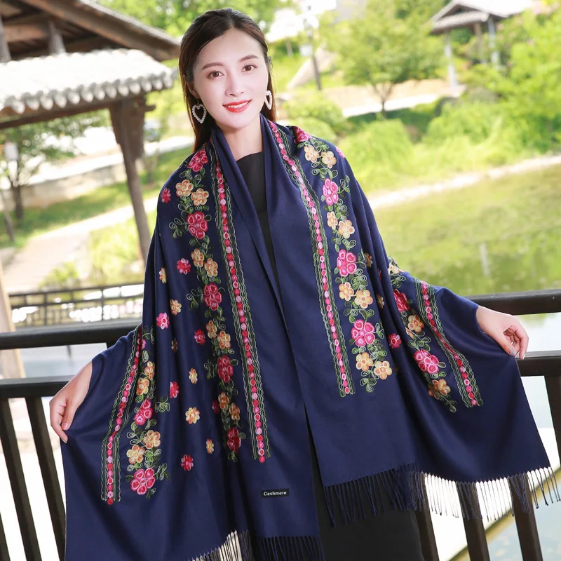 

Blue Embroidery flower Shawl Women Pashmina Warm Scarves Autumn Winter Fashion New female large tassel scarf