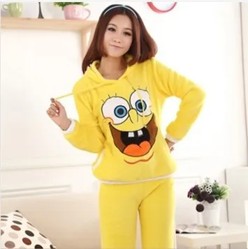 fashion women pajamas lovely ladies winter coral fleece cartoon SpongeBob long-sleeved nightwear /adult female | Женская одежда