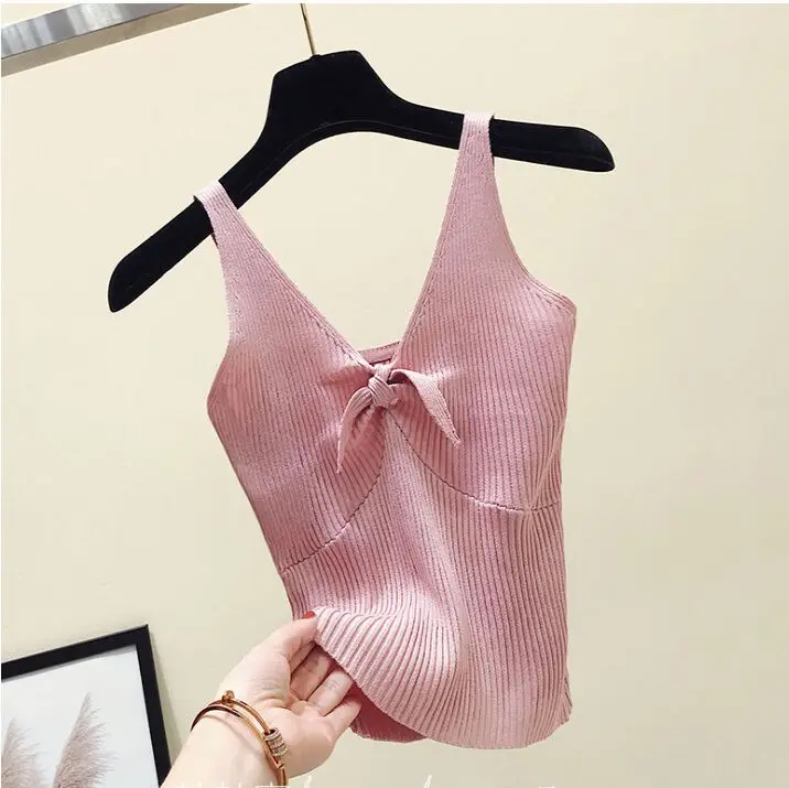 pink Летняя тонкая трикотажная укороченная майка с v-образным вырезом и бантом, женская трикотажная простая майка без рукавов, однотонные футболки, укороченные топы для женщин - Цвет: pink