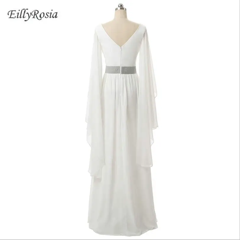 Простое белое вечернее платье с длинным рукавом для свадьбы поясом из страз