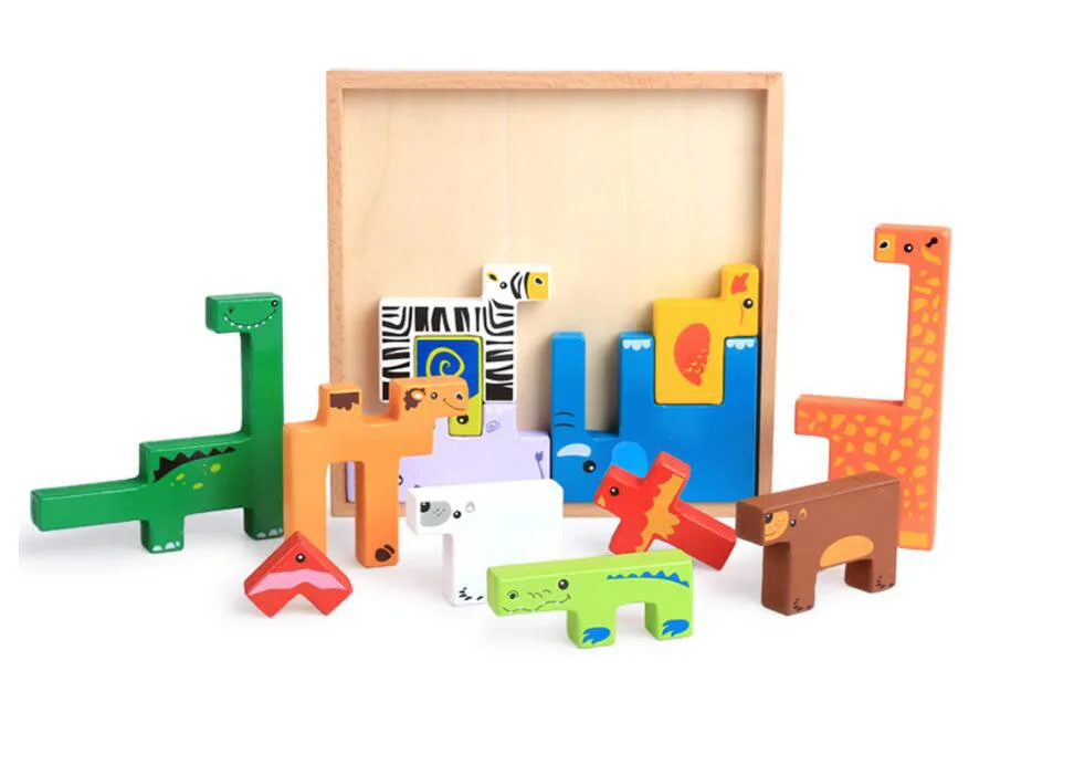 Montessori Wooden Cartoon Animal Peg Blocs 3D Puzzle Shape Learning Education and Development Toys for Children | Игрушки и хобби