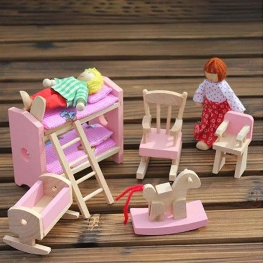

6 PCS Wooden Dolls House Furniture Pretend Play Miniature Kitchen Bed Livingroom Restaurant Bedroom Bathroom For Kids Toy Gift