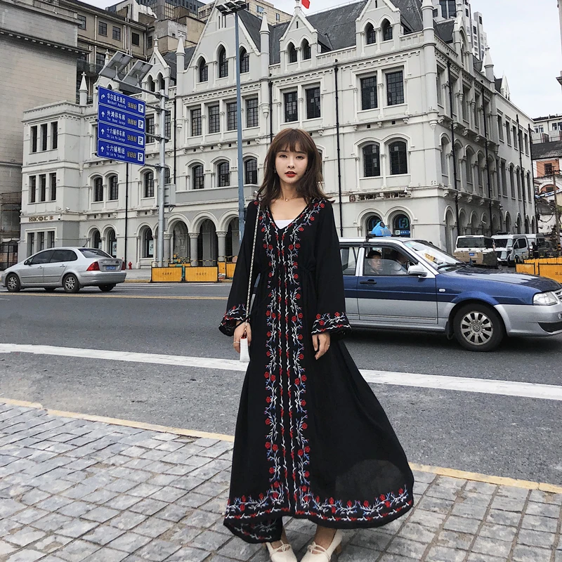 2019 spring new striped embroidered large size was thin dress red boho style fashion retro goddess women's clothing | Женская одежда
