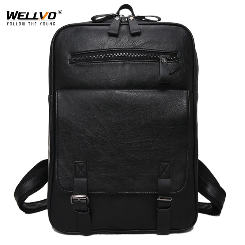 

Wellvo Men PU Fashion Leather Backpack Teenager Vitage Backpacks Korean Japan Style School Laptop Bags Women Shoulder XA92WC