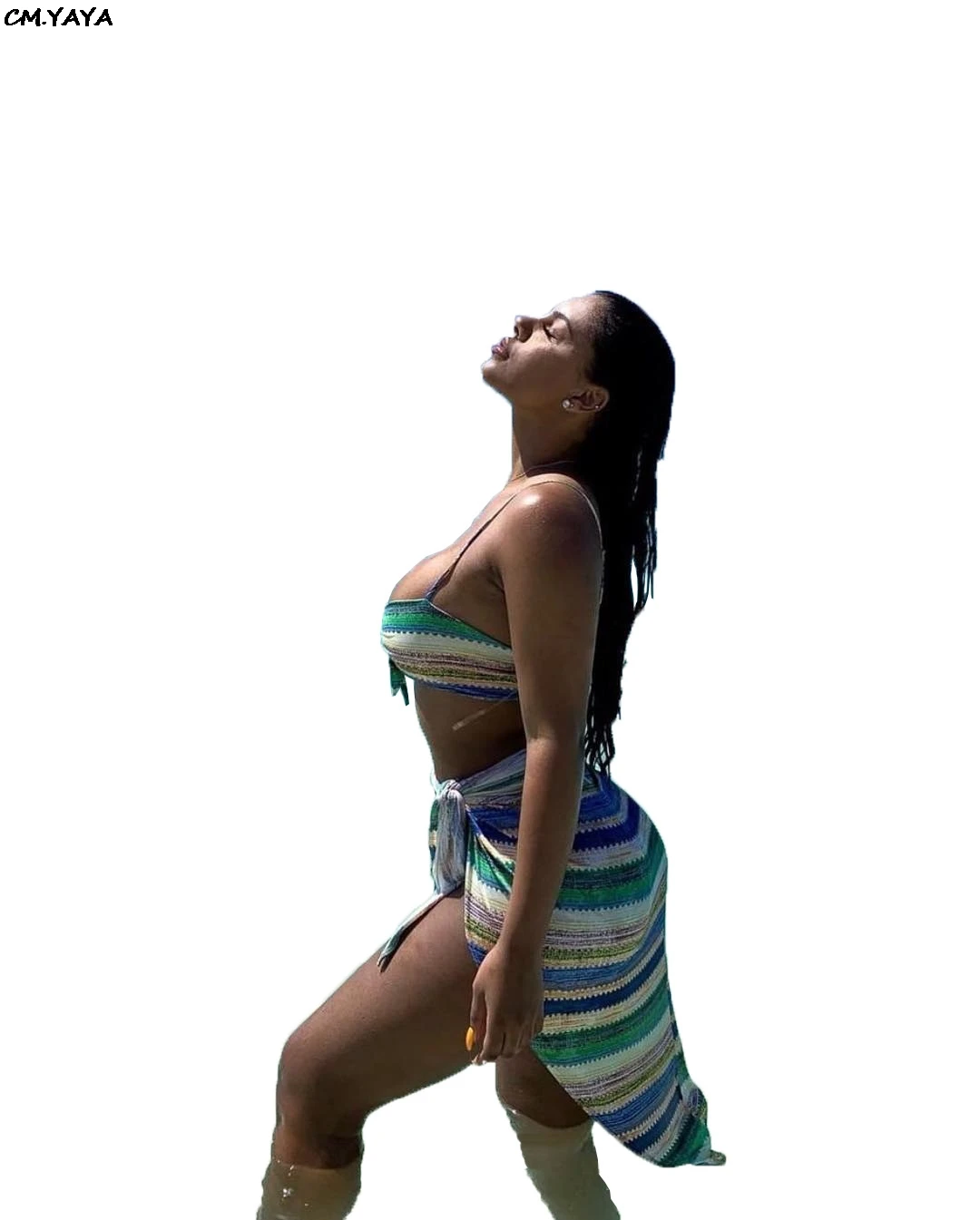 Женский укороченный топ в полоску пляжный костюм из трех предметов сексуальный