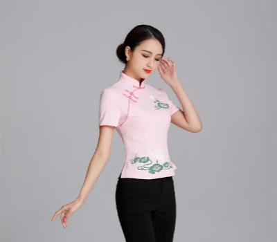 pink qipao tops Sheng Coco женские элегантные топы Ципао ханьфу китайский стиль цветок лотоса розовый красный пластина Кнопка Короткие Cheongsam рубашка одежда - Цвет: pink qipao tops