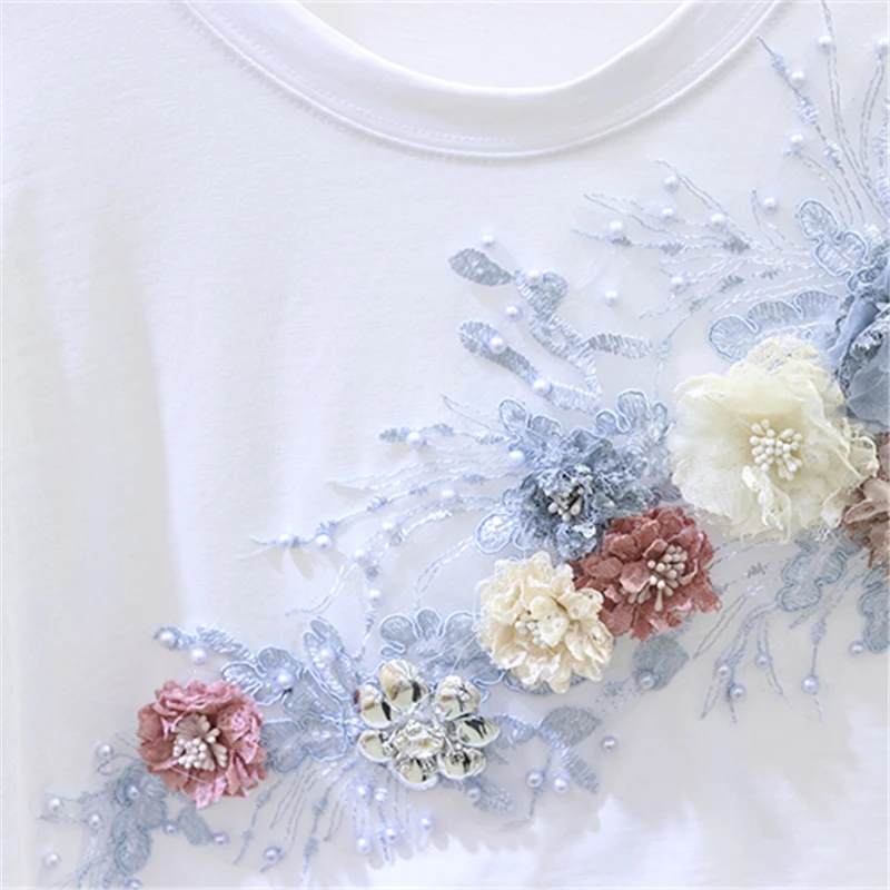 Повседневная Женская футболка 2019 летняя новая Корейская вышитая бисером