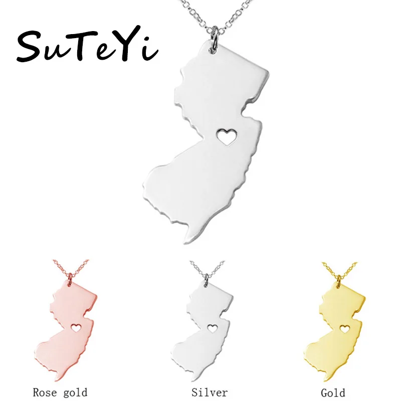 Ожерелье SUTEYI New Jersey State из розового золота с серебряным покрытием, подвески с картой США, ожерелья для женщин и мужчин, подарки