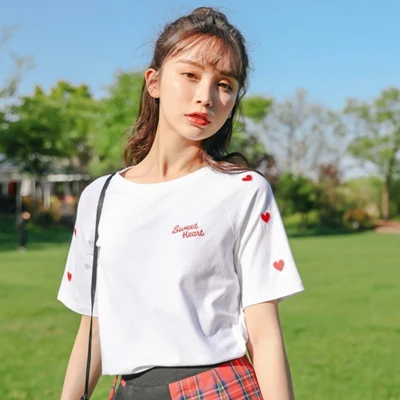 white Harajuku футболка женская летняя хлопковая вышитая Футболка с сердечком в консервативном стиле Повседневная Корейская одежда с круглым вырезом Kawaii Топы Tumblr - Цвет: white