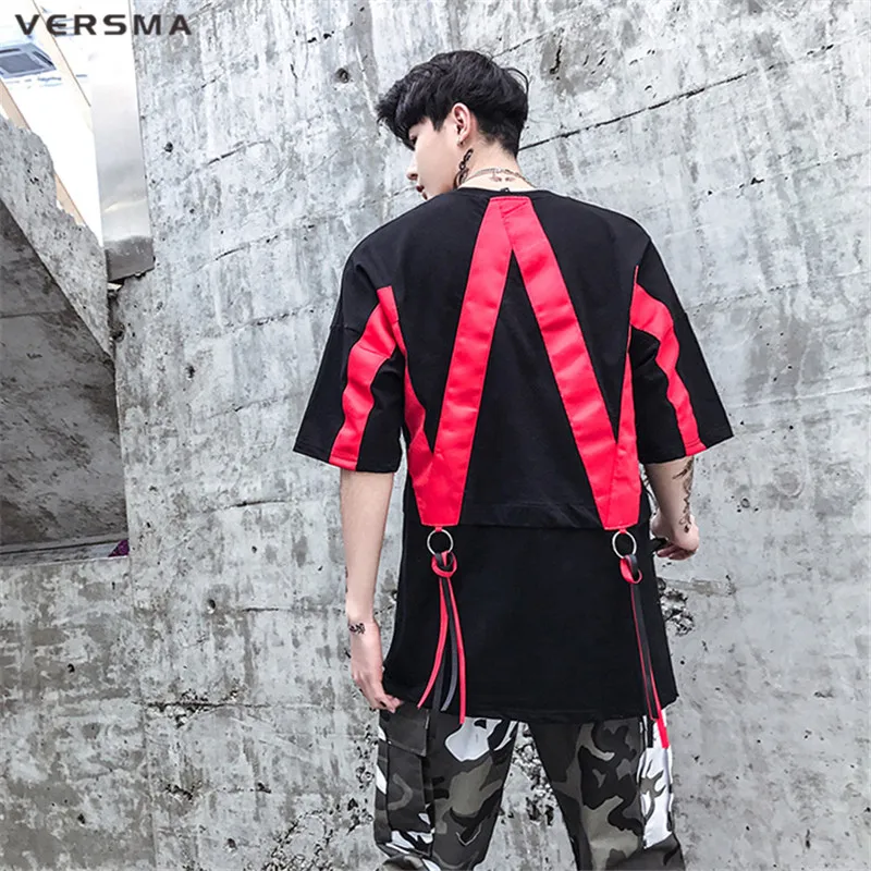 VERSMA High Street Хип-Хоп городской уличный сверхразмерный Футболка мужская летняя японская Harajuku лента Лоскутная парная футболка